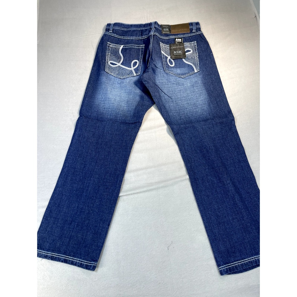 Y2K Ask‎ Premium Jeans 38x34 Blue Mens White Embroidered Slim Straight